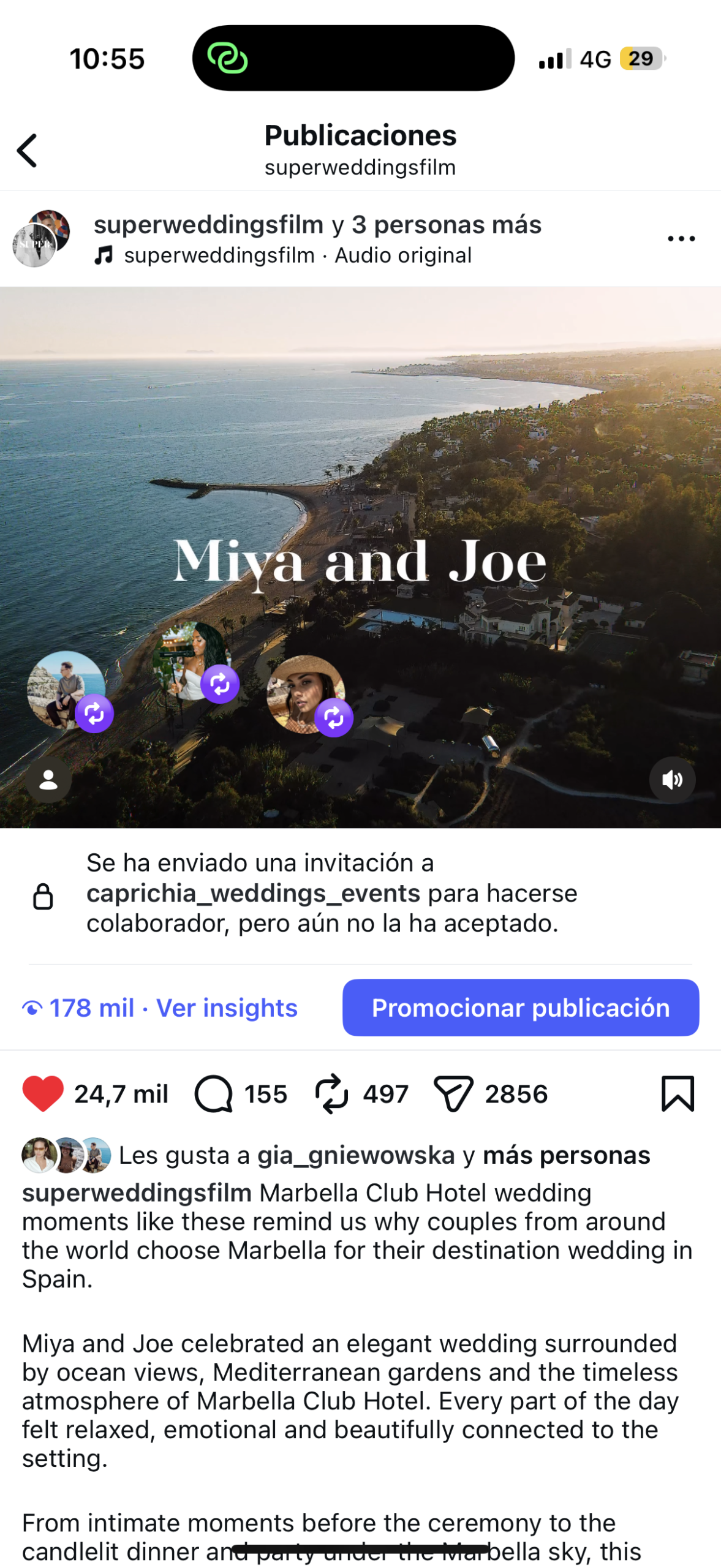 Instagram reel from Miya and Joe’s Marbella Club Hotel wedding — 178K reach, 24,700 likes